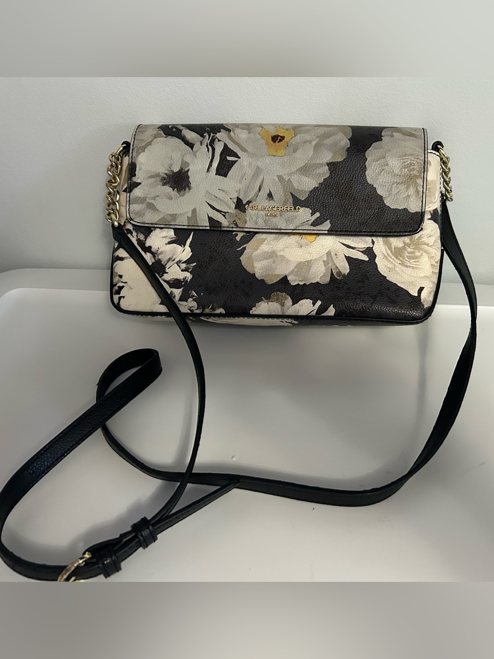Karl Lagerfeld Black Floral Crossbody with Gold Chain Accents